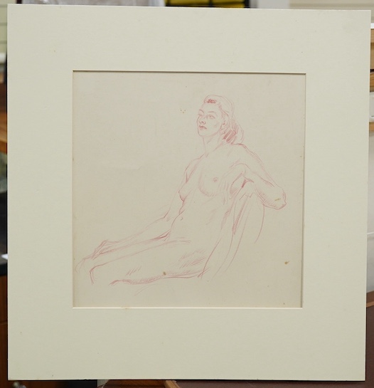 A 20th century School, sanguine chalk, Study of a seated nude woman, unsigned, 25 x 24.5cm, mounted, unframed. Condition - fair, some spots of foxing